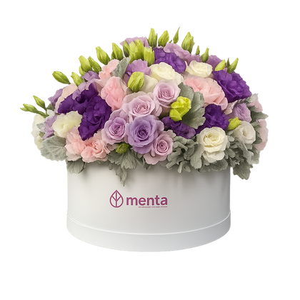 Karime-caja redonda blanca con lisianthus de colores y rosas