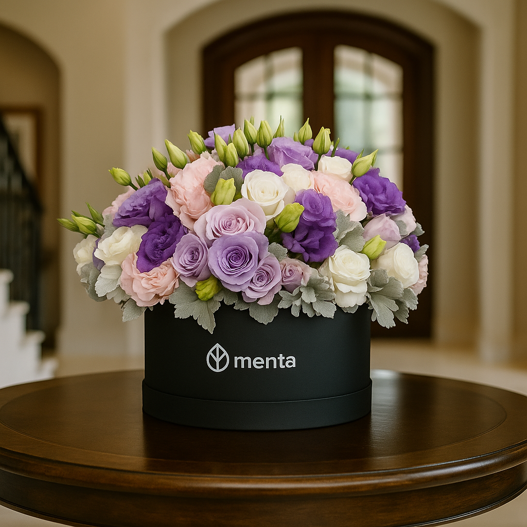 Karime-caja redonda negra con lisianthus de colores y rosas