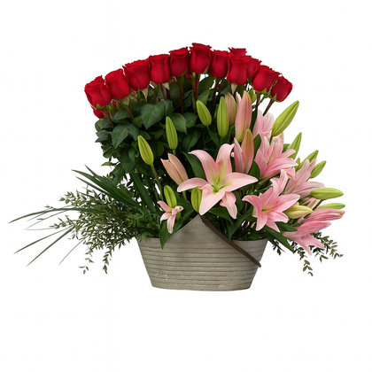 Etiqueta Acapulco-maceta de metal con rosas rojas y Acapulco