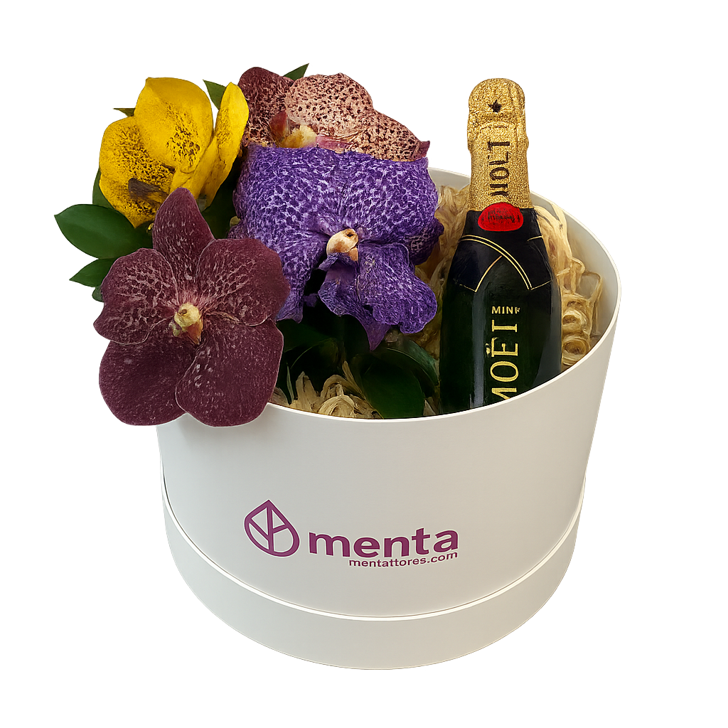 Topacio-caja redonda blanca con orquídeas vanda y bebida
