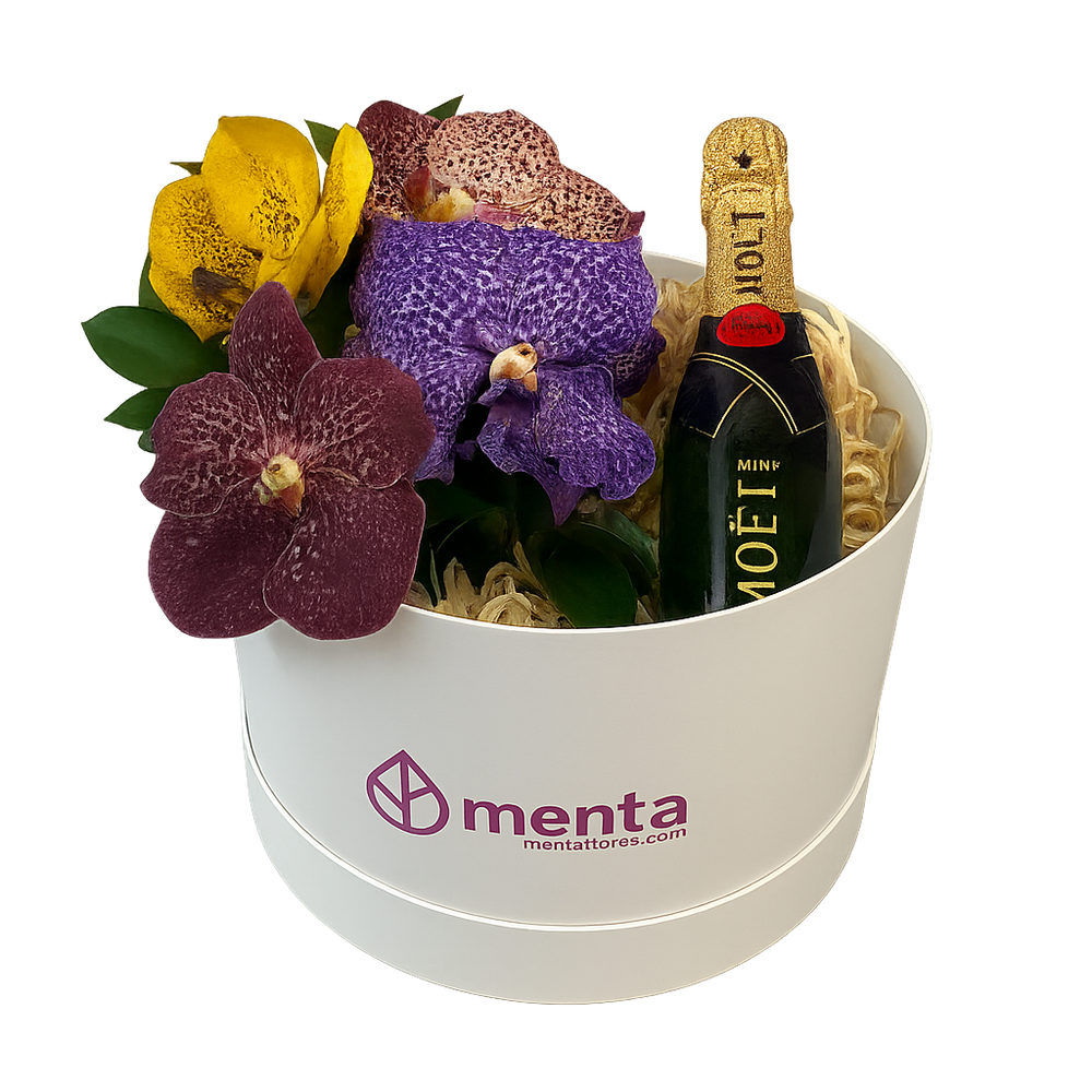 Topacio - caja redonda blanca con orquídeas vanda y bebida