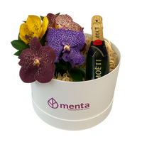 Topacio-caja redonda blanca con orquídeas vanda y bebida