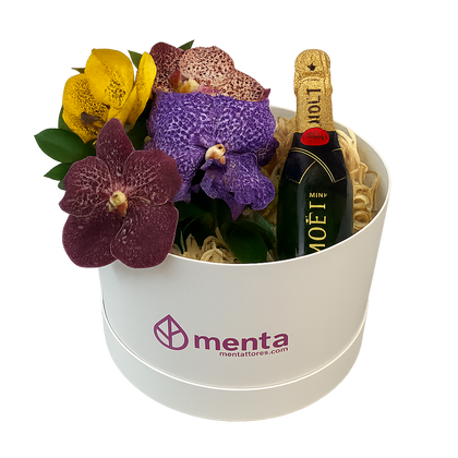 Topacio-caja redonda blanca con orquídeas vanda y bebida