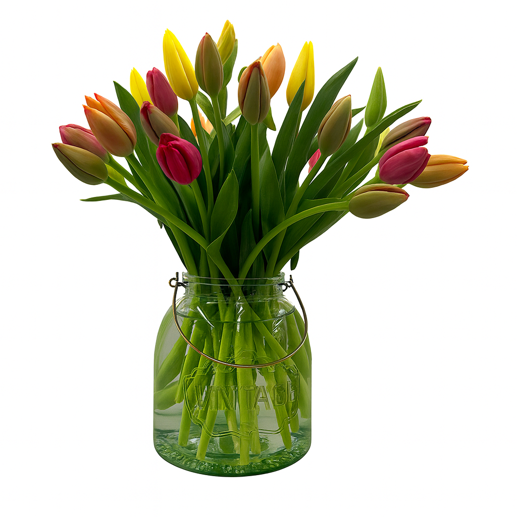 Mila - Florero de cristal con 30 tulipanes mixtos
