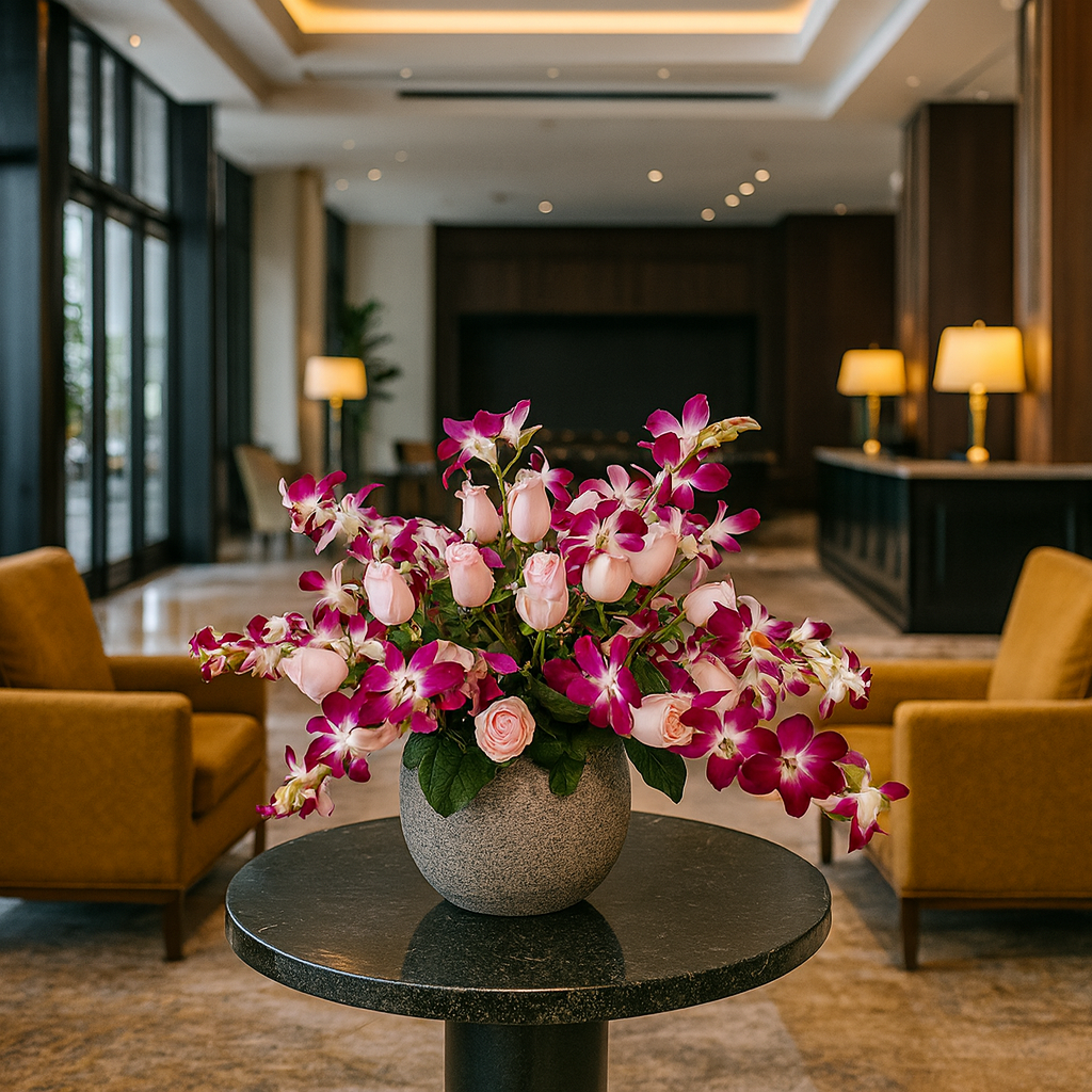Lisa- base de cemento con rosa rosa y orquídea dendrobium