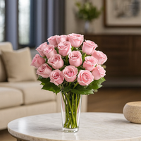 Andrea - florero de vidrio con 24 rosas rosas