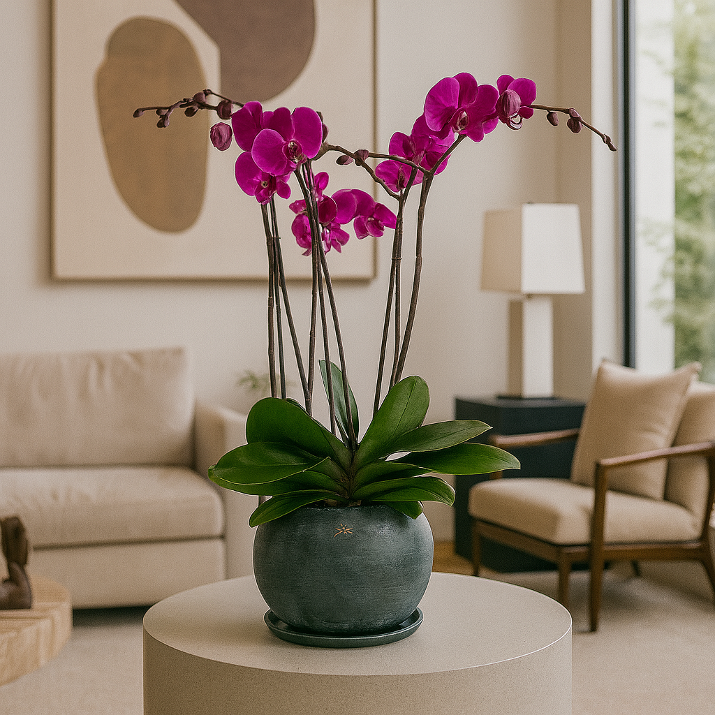 Phalaenopsis Textura Gris-maceta textura gris con tres orquídeas fiusha