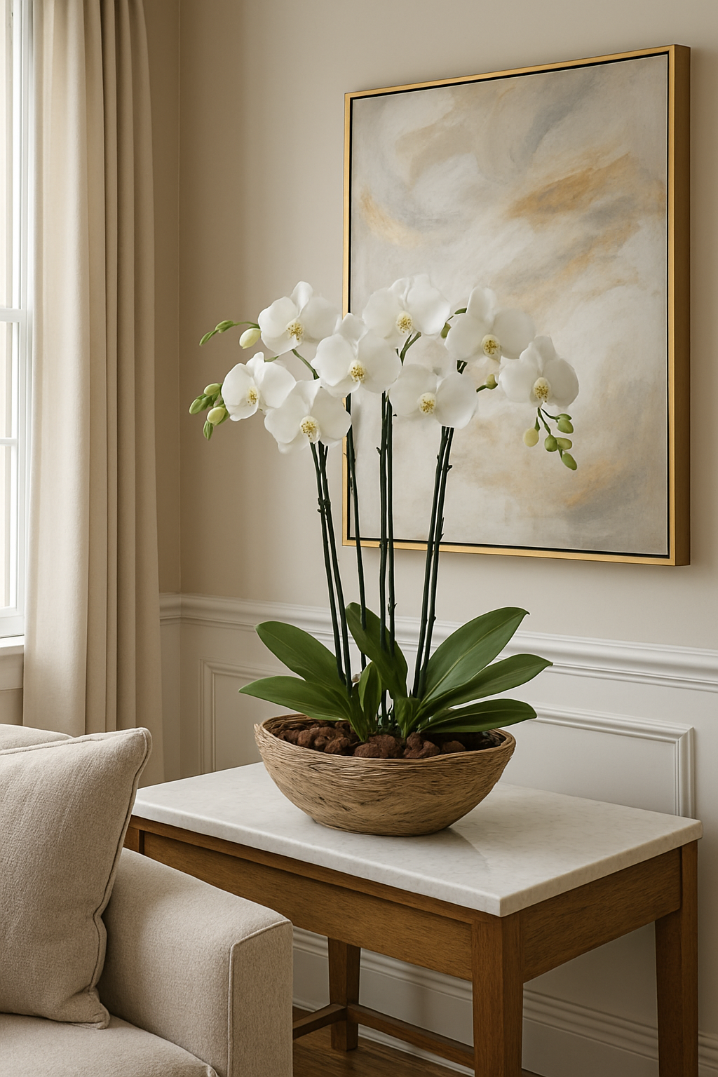 Vikingo-base efecto madera con dos orquídeas blancas