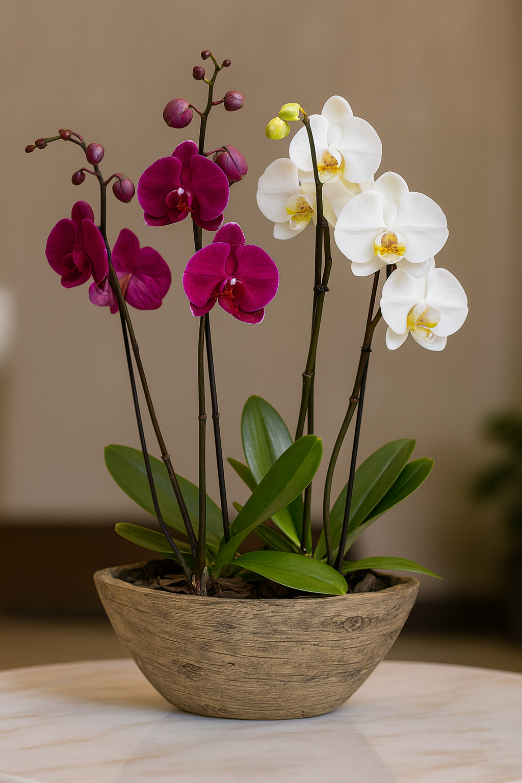 Vikingo-base efecto madera con dos orquídeas mixtas