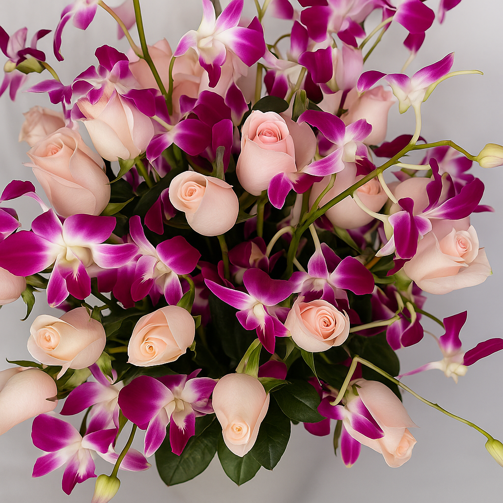 Lisa- base de cemento con rosa rosa y orquídea dendrobium