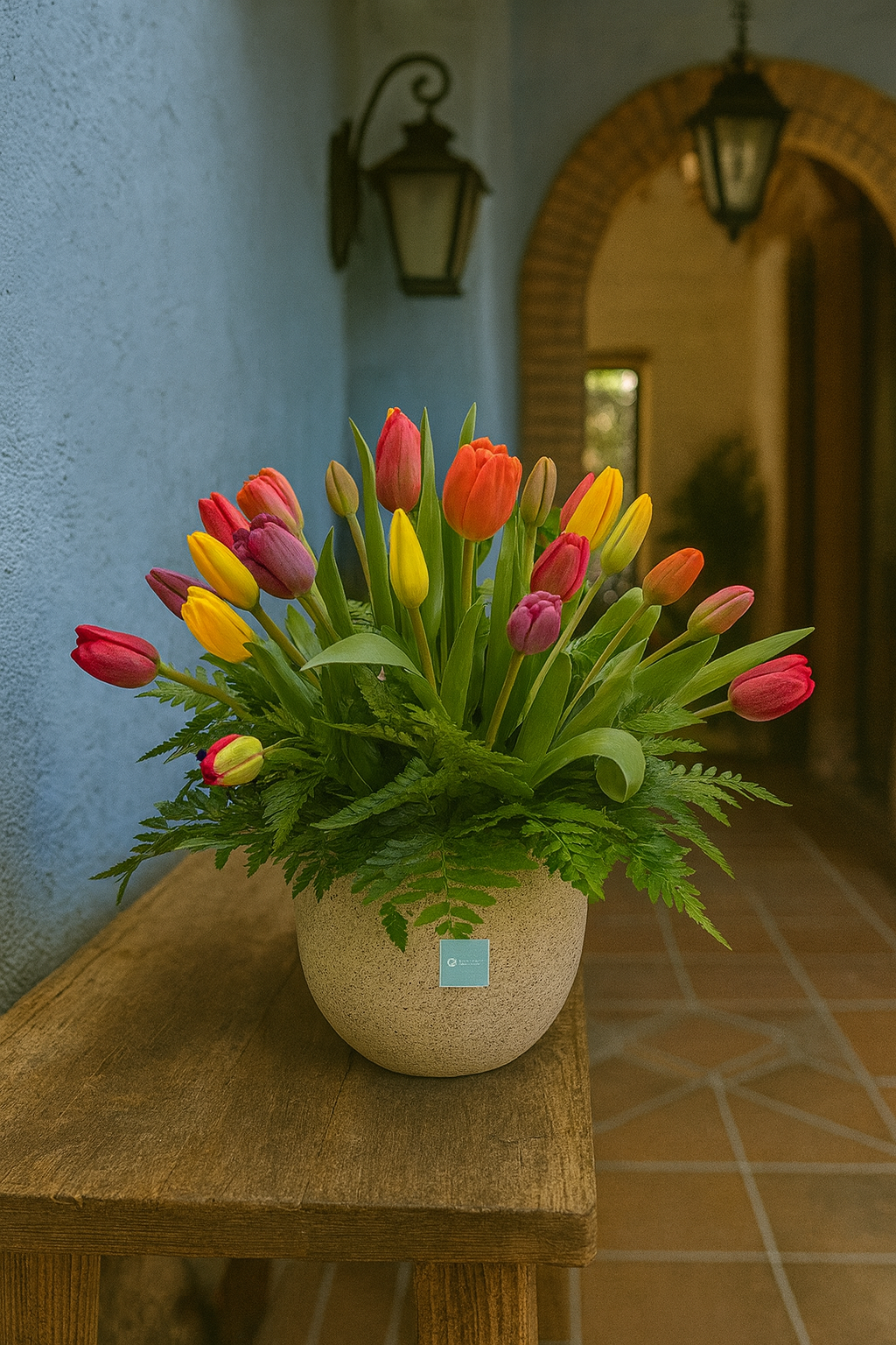 Tamara - maceta de cemento con 40 tulipanes mixtos