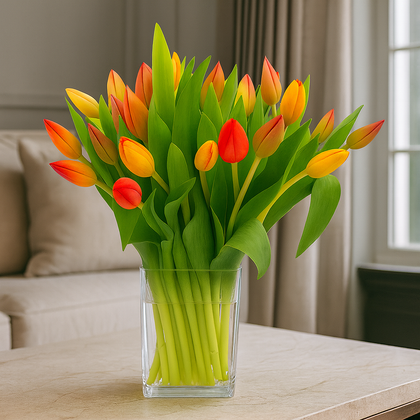Megan - Florero de vidrio con 30 tulipanes mixtos