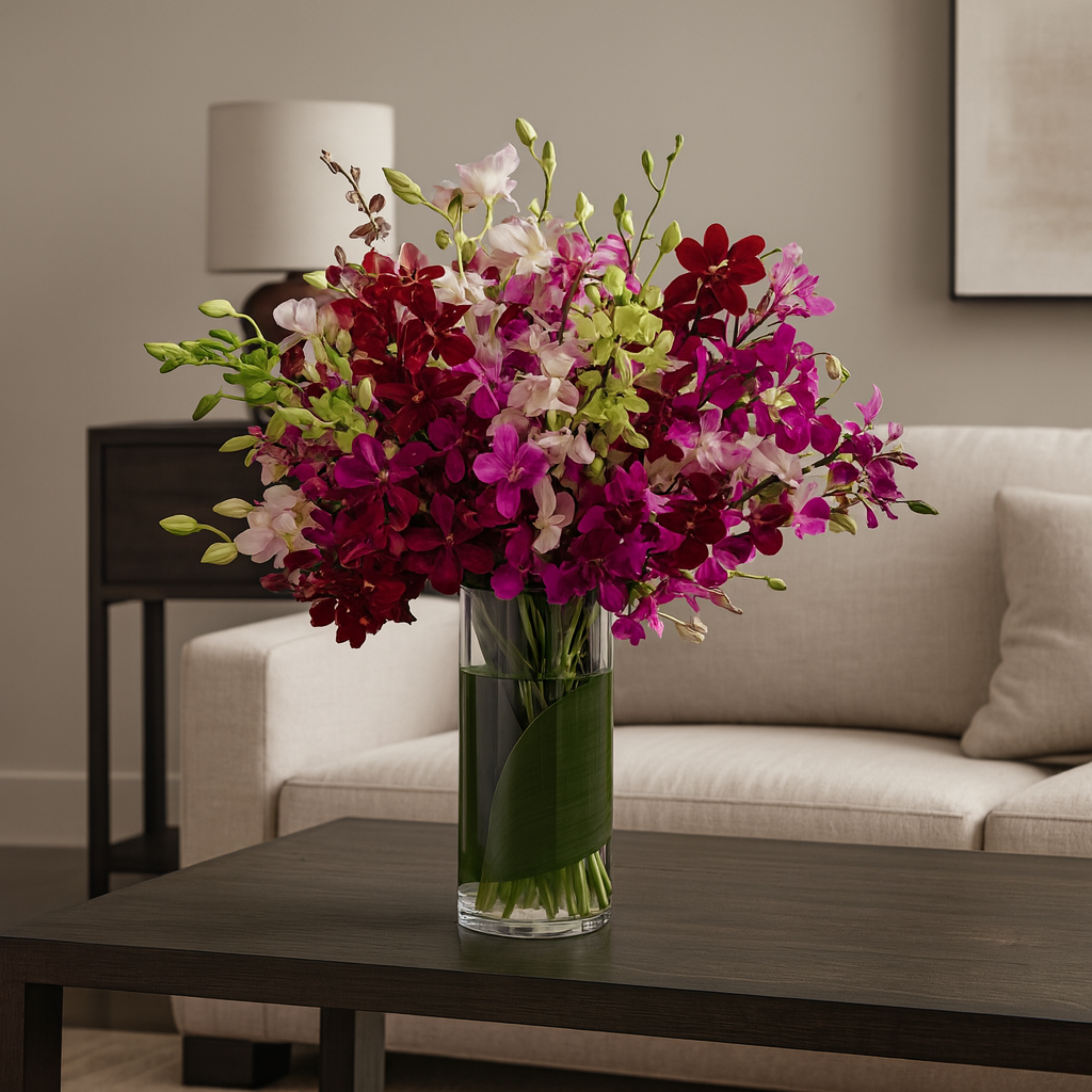 Etiqueta Marrón - Florero de cristal con orquídeas dendrobium