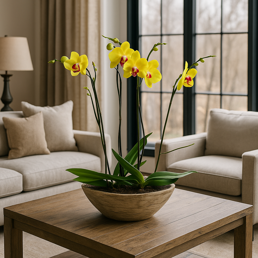 Vikingo-base efecto madera con dos orquídeas amarillas
