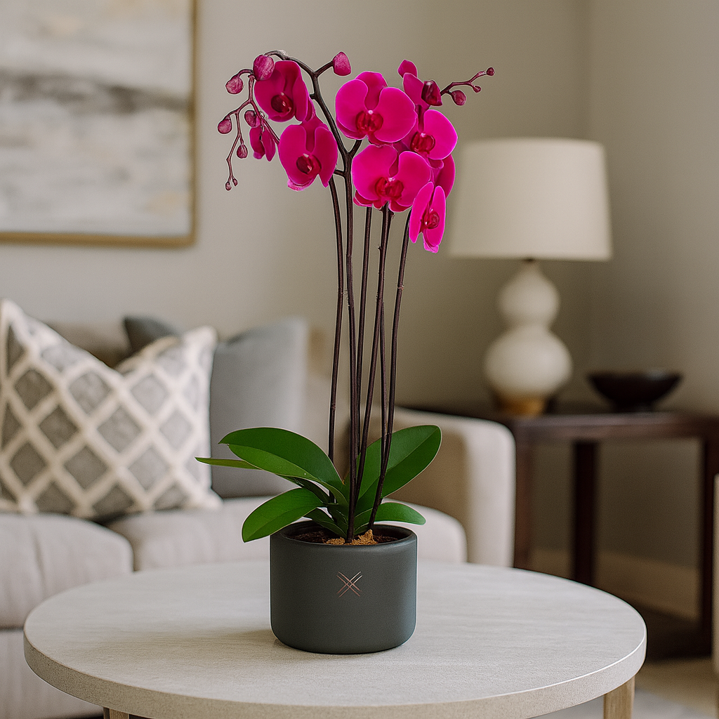 Phalaenopsis Charcoal-maceta de cerámica con dos orquídeas color fiusha