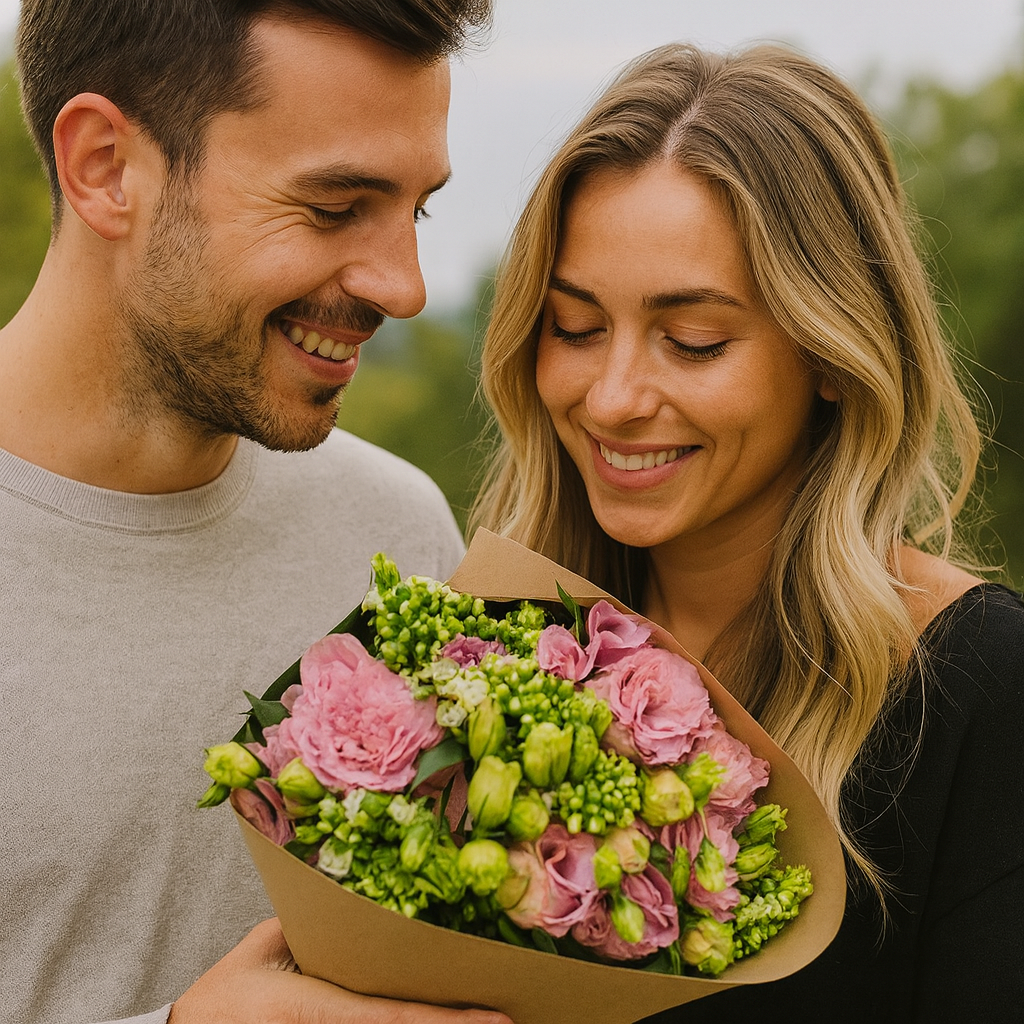 Ramo de lisianthus rosa con follaje