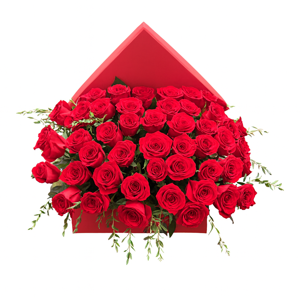Etiqueta Roja-caja cuadrada roja con 48 rosas rojas premium
