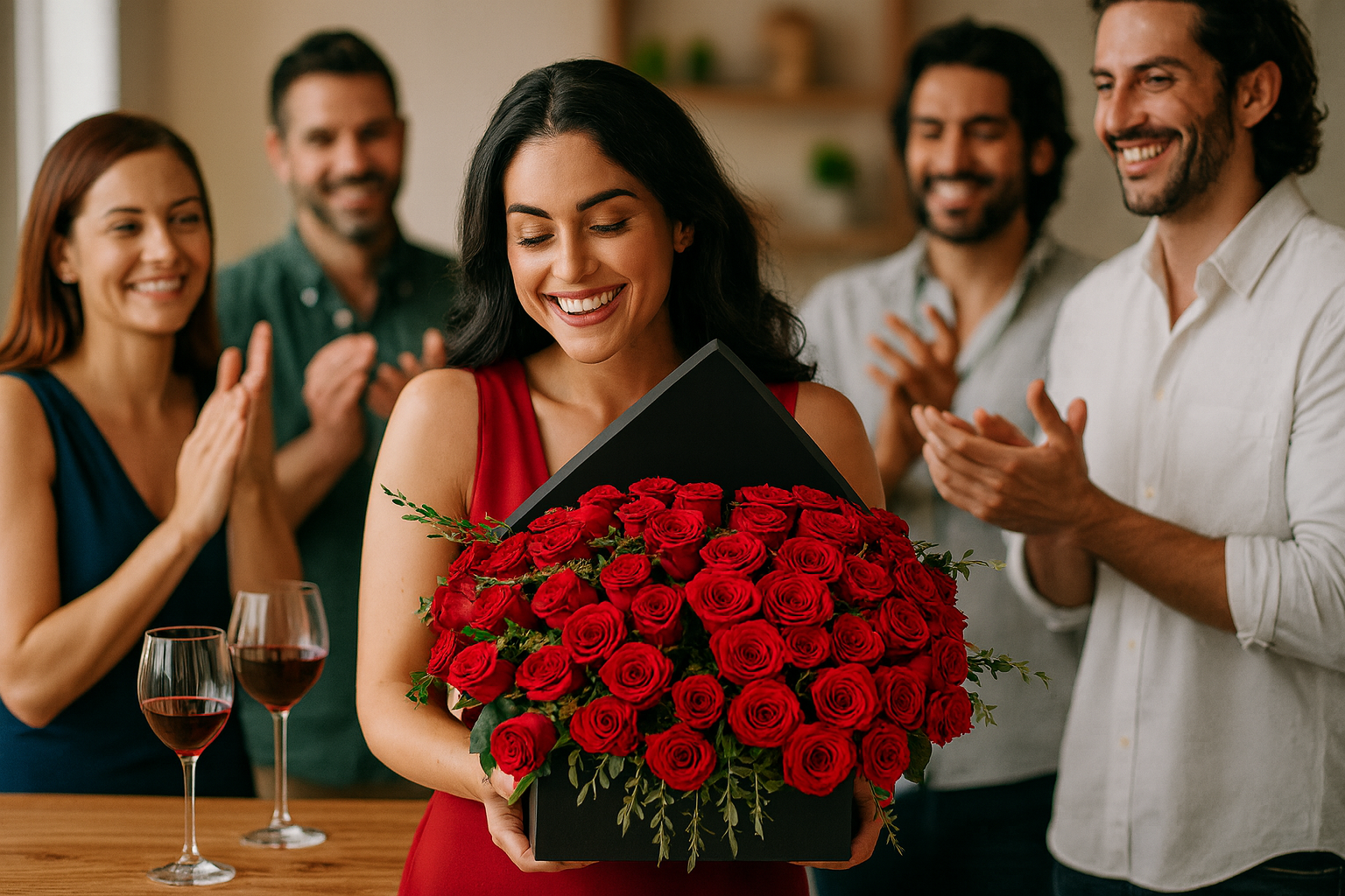 Etiqueta Roja-caja cuadrada negra con 48 rosas rojas premium