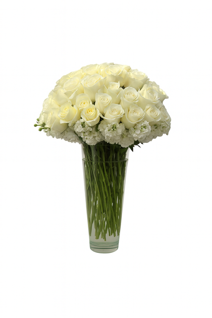 Etiqueta Oro - florero de vidrio con 100 rosas blancas y matiolas blancas