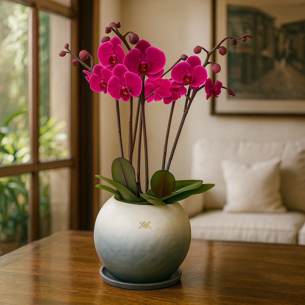 Phalaenopsis Fusión Negro-maceta esférica con tres orquídeas fiusha