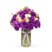 Alicia-Florero de cristal con lisianthus morado, kalanchoe y matiola
