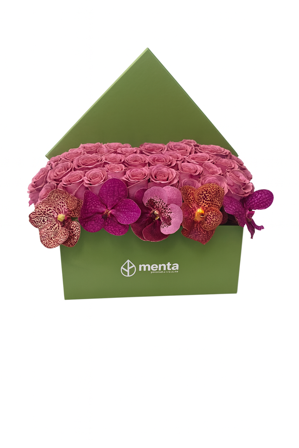 Etiqueta Versalles-caja cuadrada verde con 48 rosas aqua y orquídea vanda