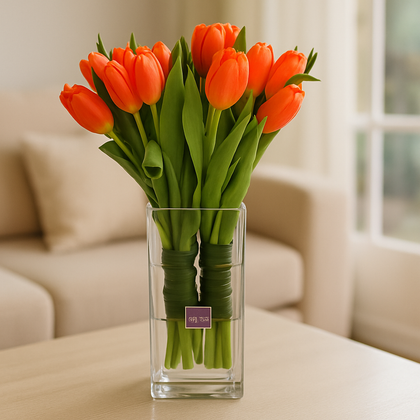 Gisele - florero de cristal con 20 tulipanes naranja