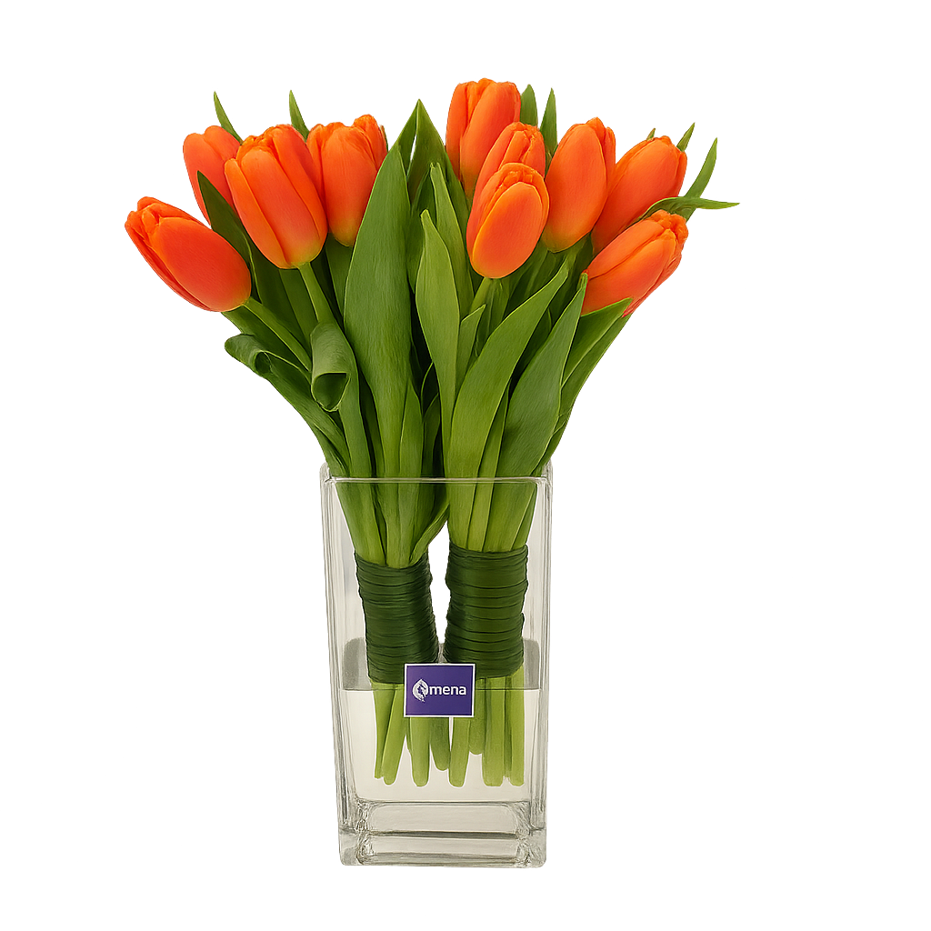 Gisele - florero de cristal con 20 tulipanes naranja