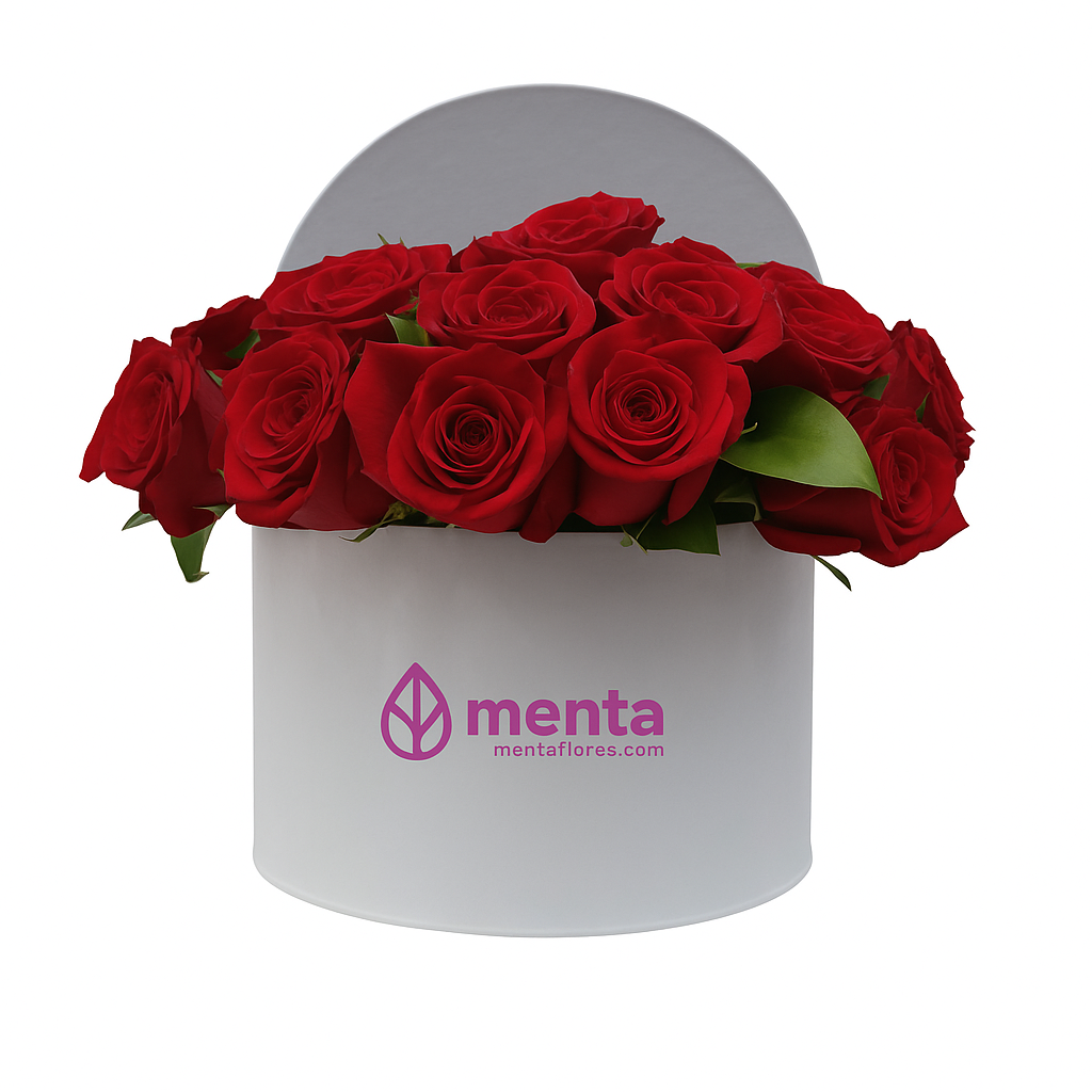 Emilia-caja redonda blanca con 24 rosas rojas