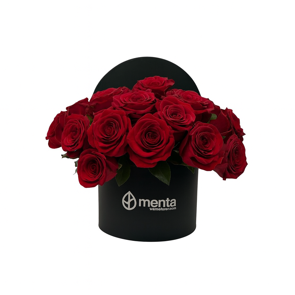Emilia-caja redonda negra con 24 rosas rojas