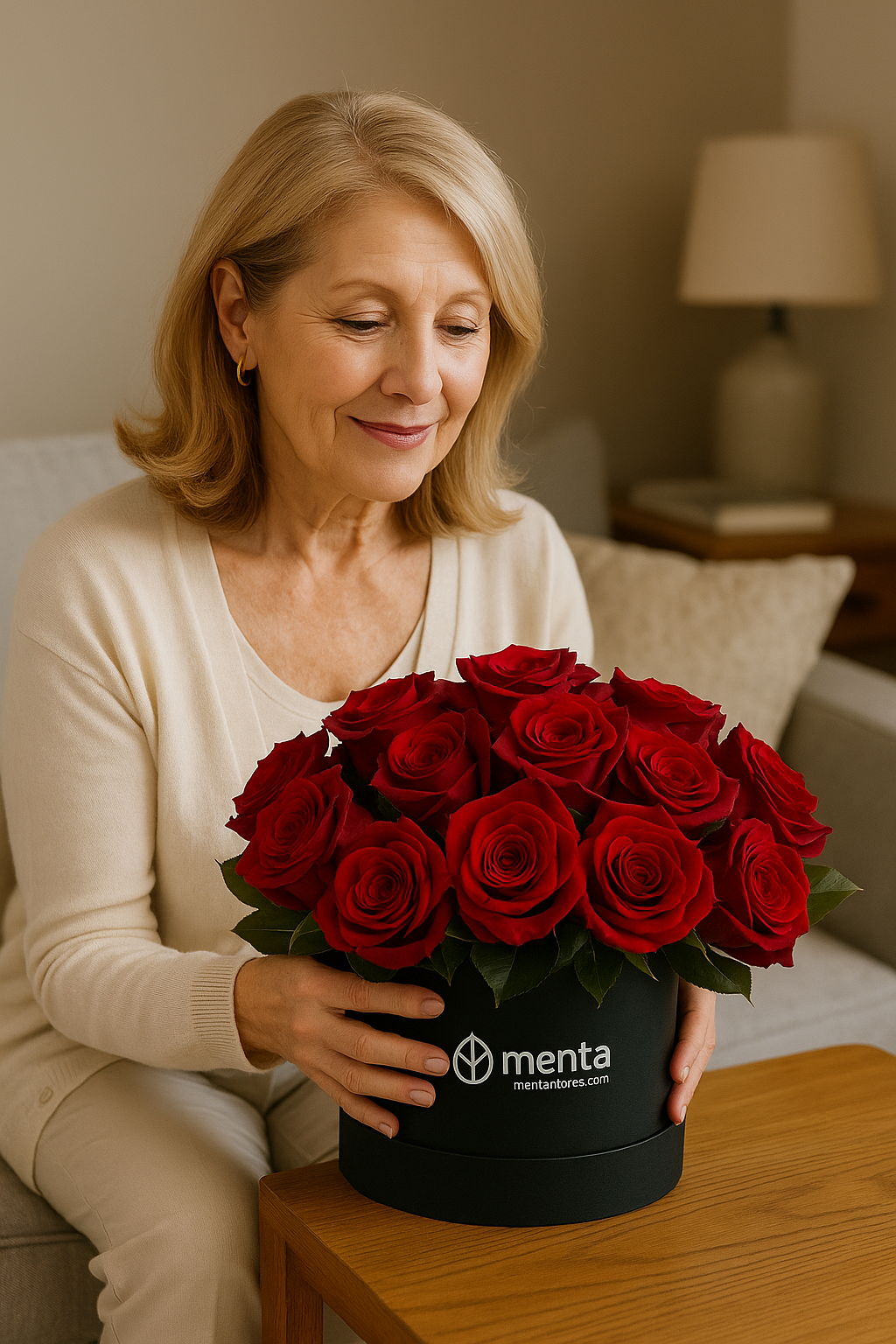 Emilia-caja redonda negra con 24 rosas rojas