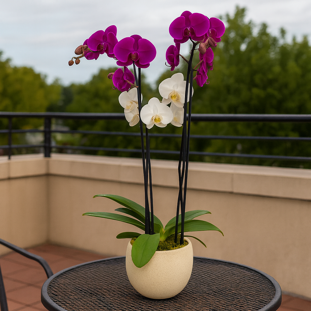 Phalaenopsis Gama-maceta khaki con 2 orquídeas
