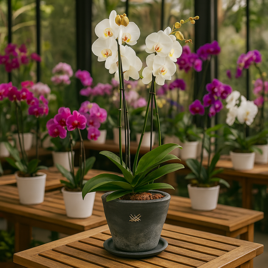 Phalaenopsis  Sonora Textura-maceta con dos orquídeas multicolor
