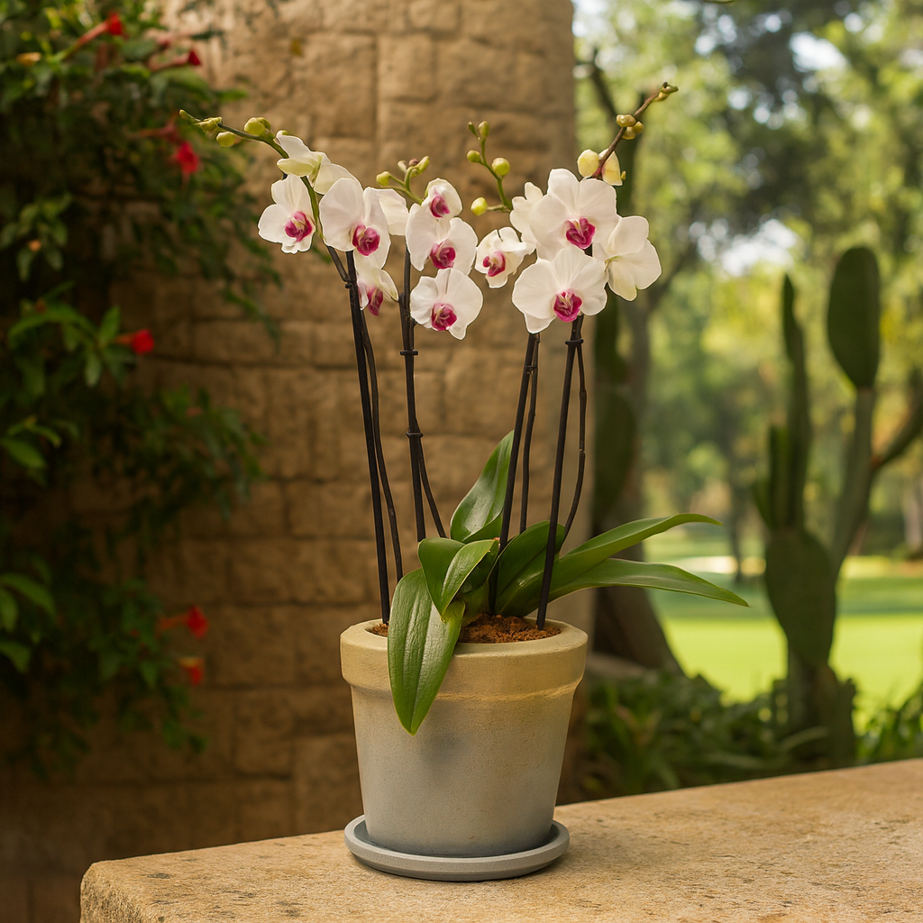 Oro Gris-maceta con dos orquídeas phalaenopsis