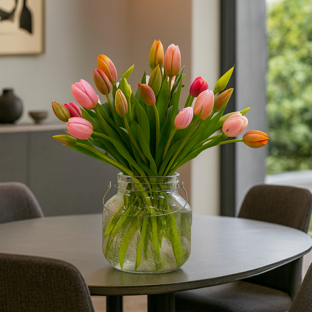 Magdalena-florero de cristal con 40 tulipanes de colores