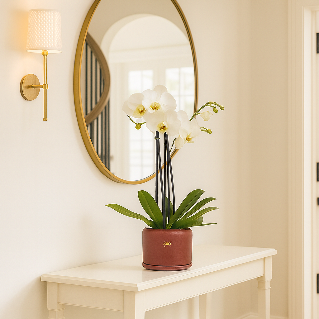 Phalaenopsis Tinto-maceta de cerámica con dos orquídeas multicolor