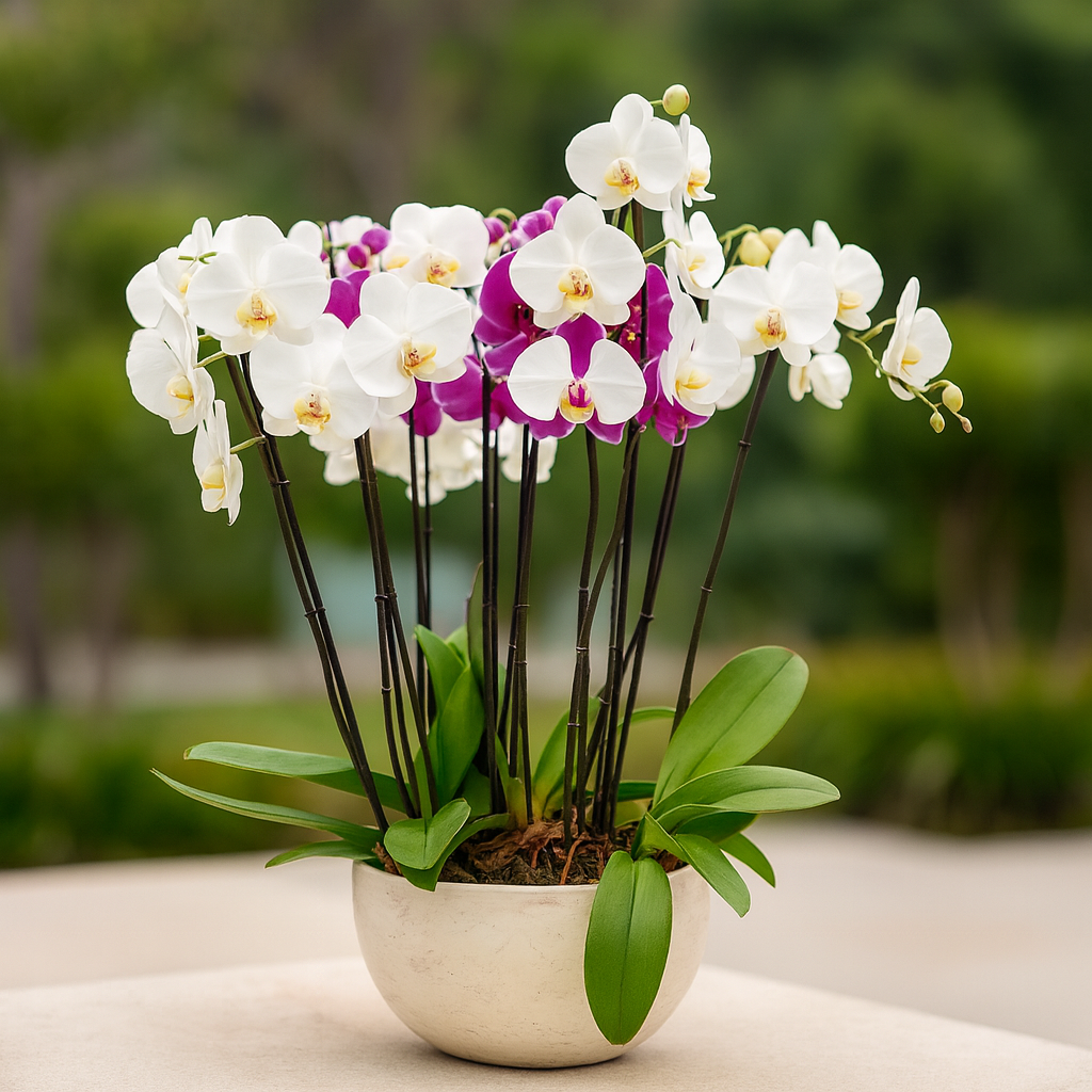 Phalaenopsis Puebla mediana-maceta blanca con 5 orquídeas mixtas