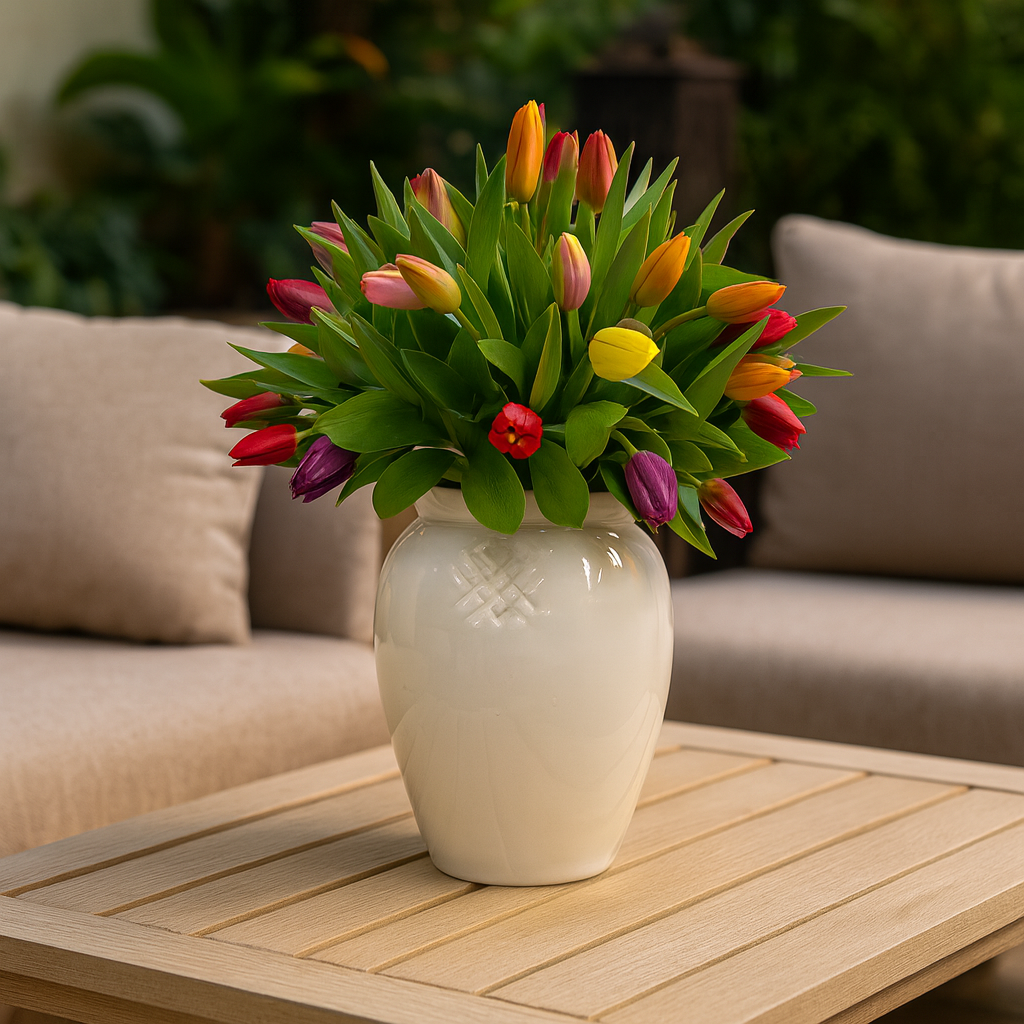 Etiqueta Manchester-jarrón esmaltado blanco con 60 tulipanes de colores