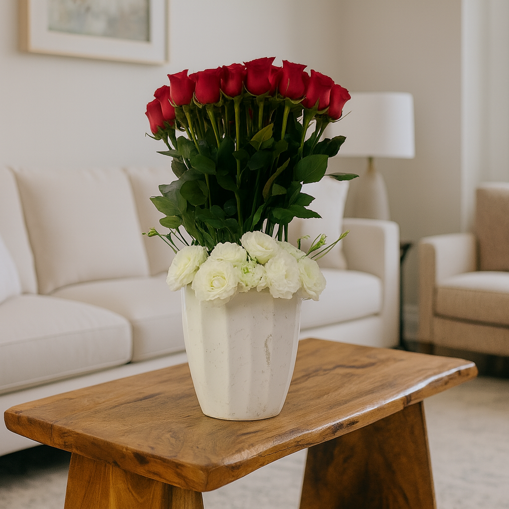 Etiqueta Venecia-jarrón esmaltado blanco con 48 rosas rojas premium