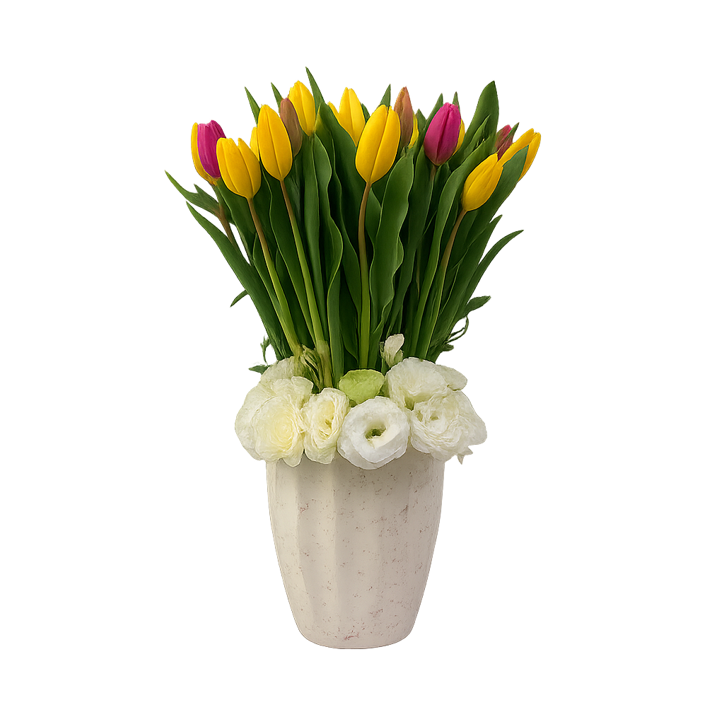Etiqueta Luxemburgo-jarrón esmaltado blanco con 40 tulipanes y lisianthus