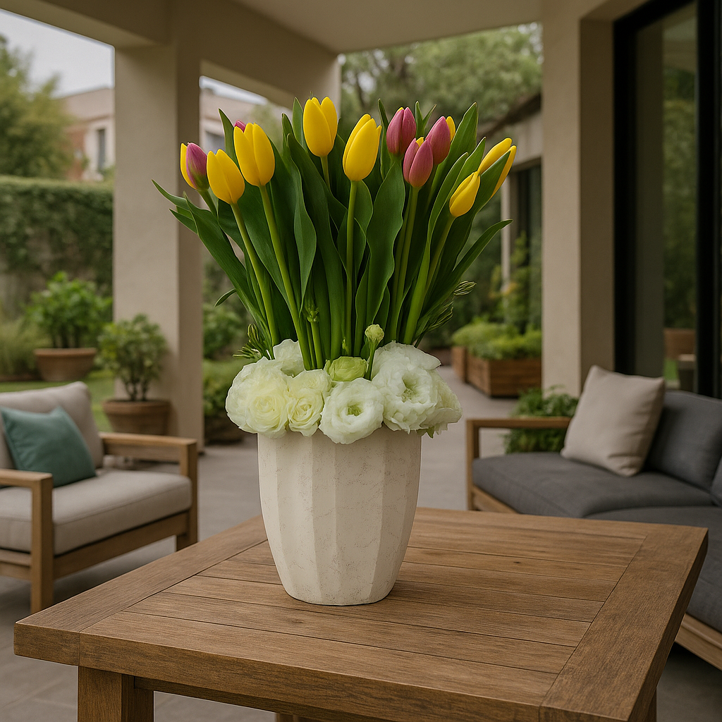 Etiqueta Luxemburgo-jarrón esmaltado blanco con 40 tulipanes y lisianthus