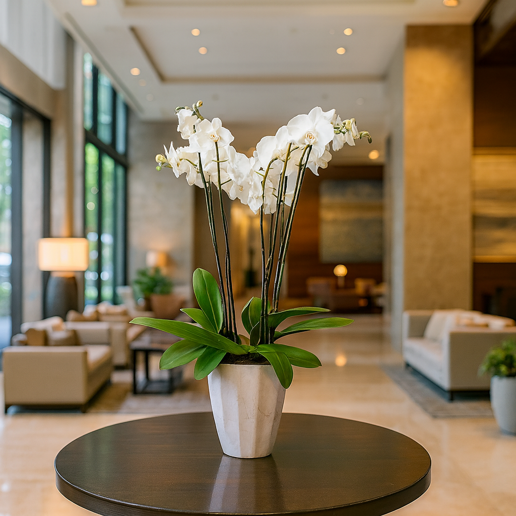 Phalaenopsis Tulum-maceta blanco con 3 orquídeas blancas