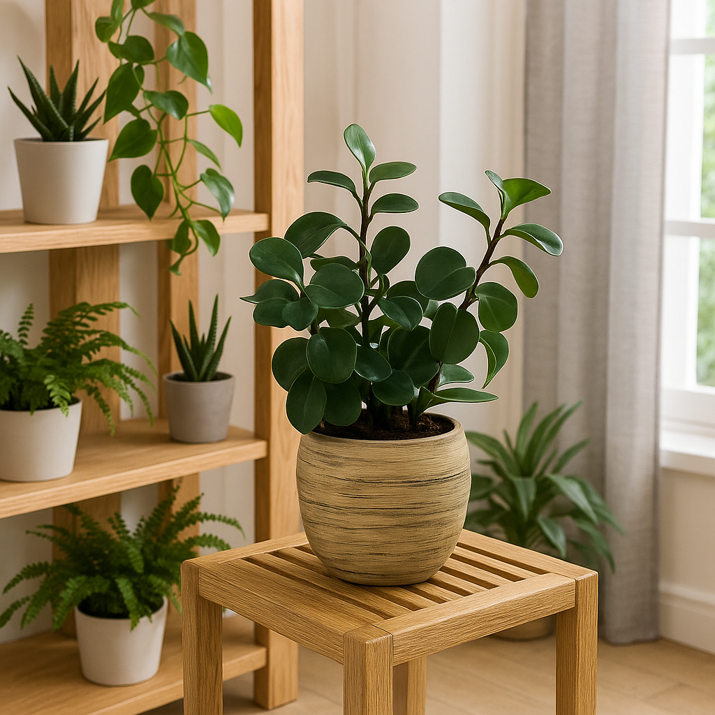 Eduardo-maceta de cemento efecto madera con una peperonia