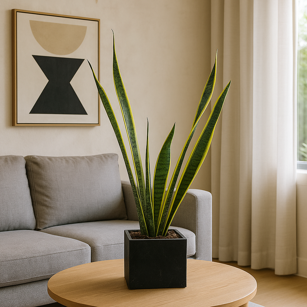 David-maceta de cemento en forma de cubo negro con sansevieria