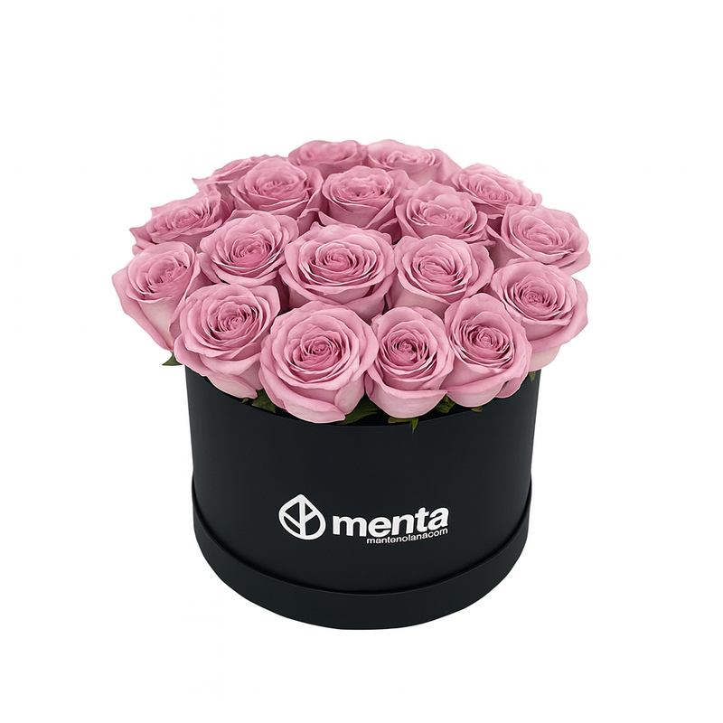Vilma-caja redonda negra con 24 rosas lilas