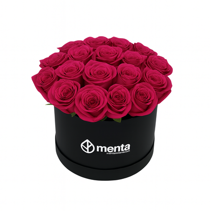 Vilma-caja redonda negra con 24 rosas fiusha