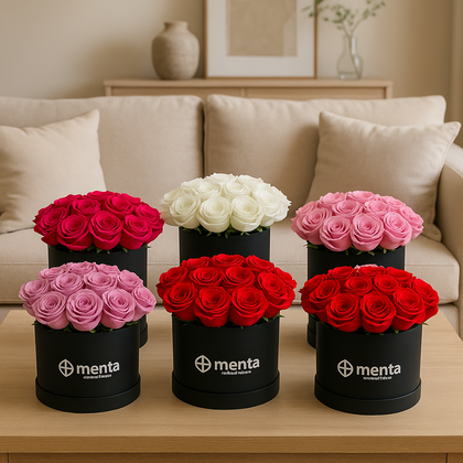 Vilma-caja redonda negra con 24 rosas lilas