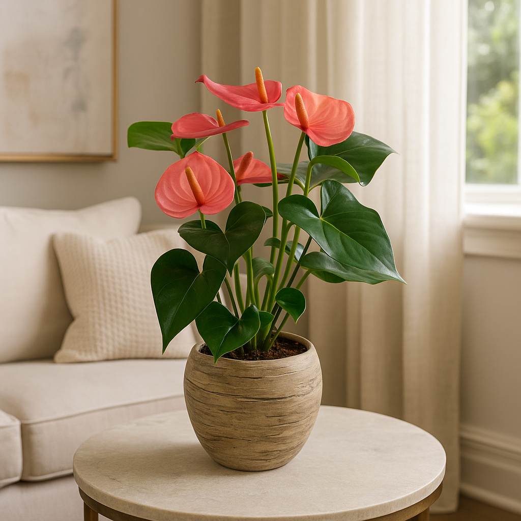 Carlos-maceta de cemento efecto madera con un Anturio