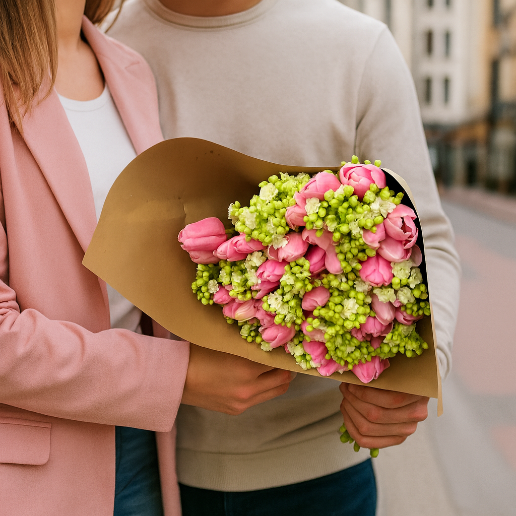 Ramo de 50 tulipanes y kalanchoe