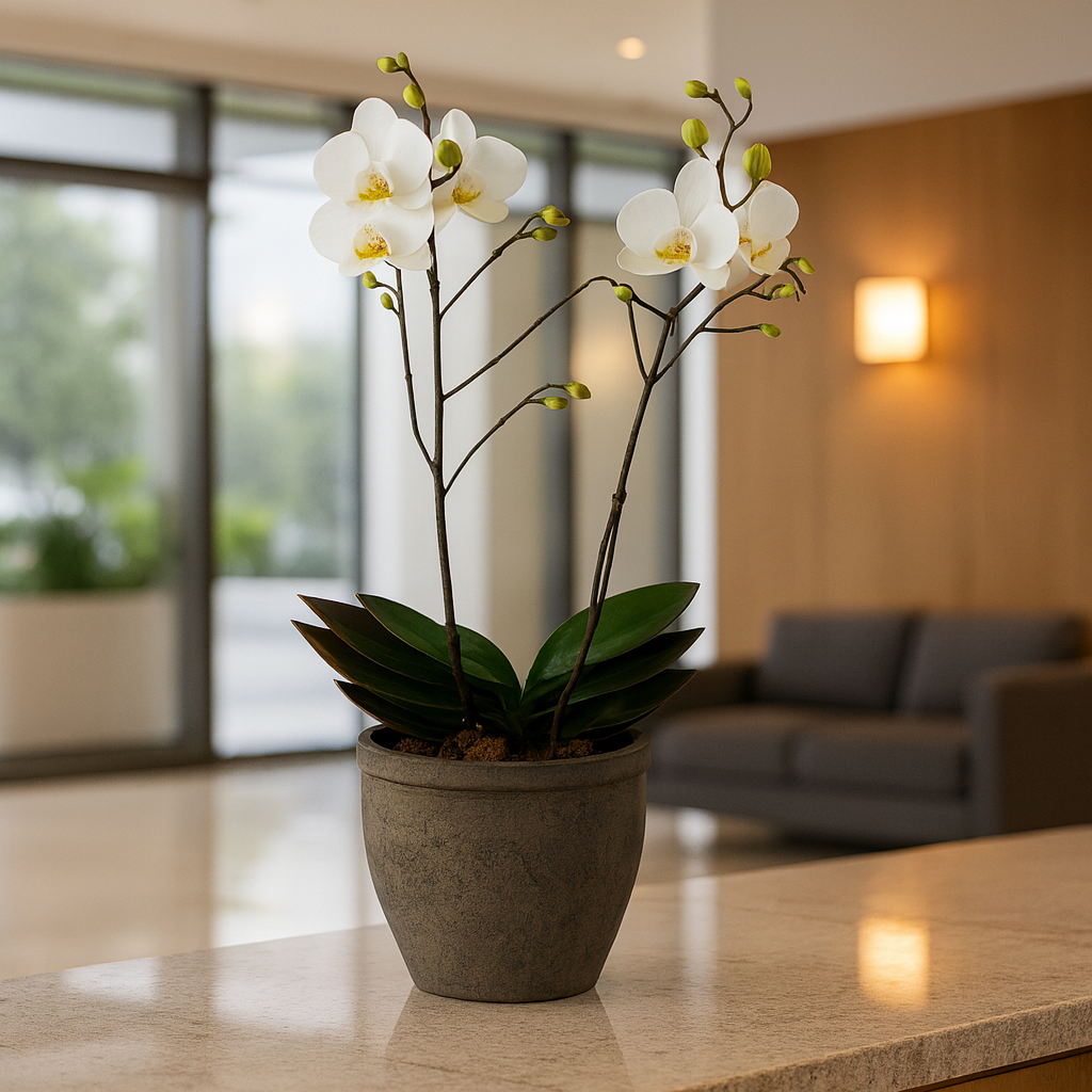 Hacienda-maceta de cemento con 1 orquídea blanca